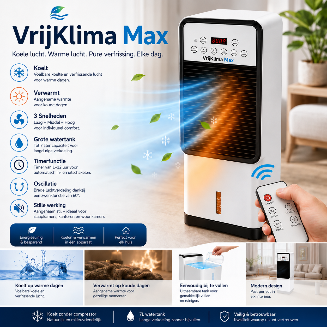 VrijKlima Max - Mobiele allround airconditioner – Koelen in de zomer, verwarming in de winter | Geen installatie nodig